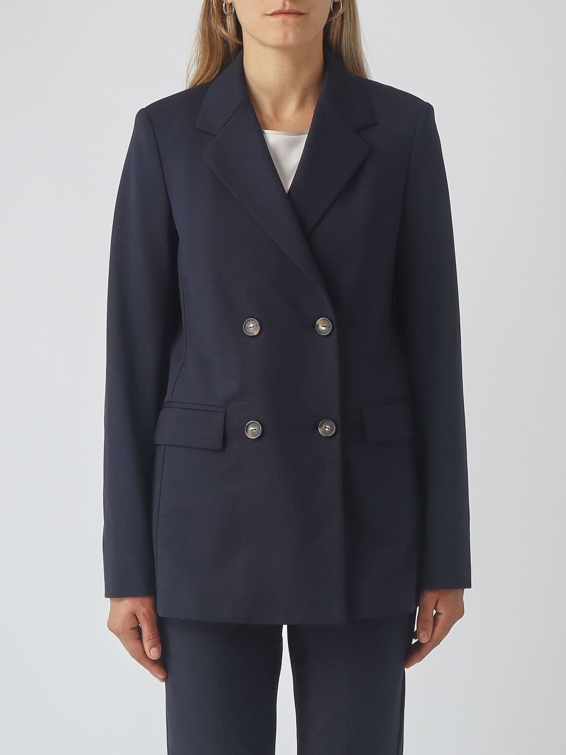 Mm Max Mara Cropped Double-Breasted Cotton Blend Blazer with Lapel Collar