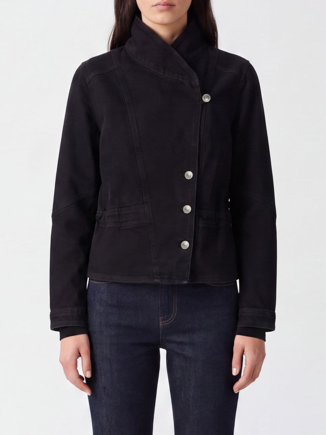 Isabel Marant Etoile Cotton Denim Jacket with High Collar and Asymmetrical Closure
