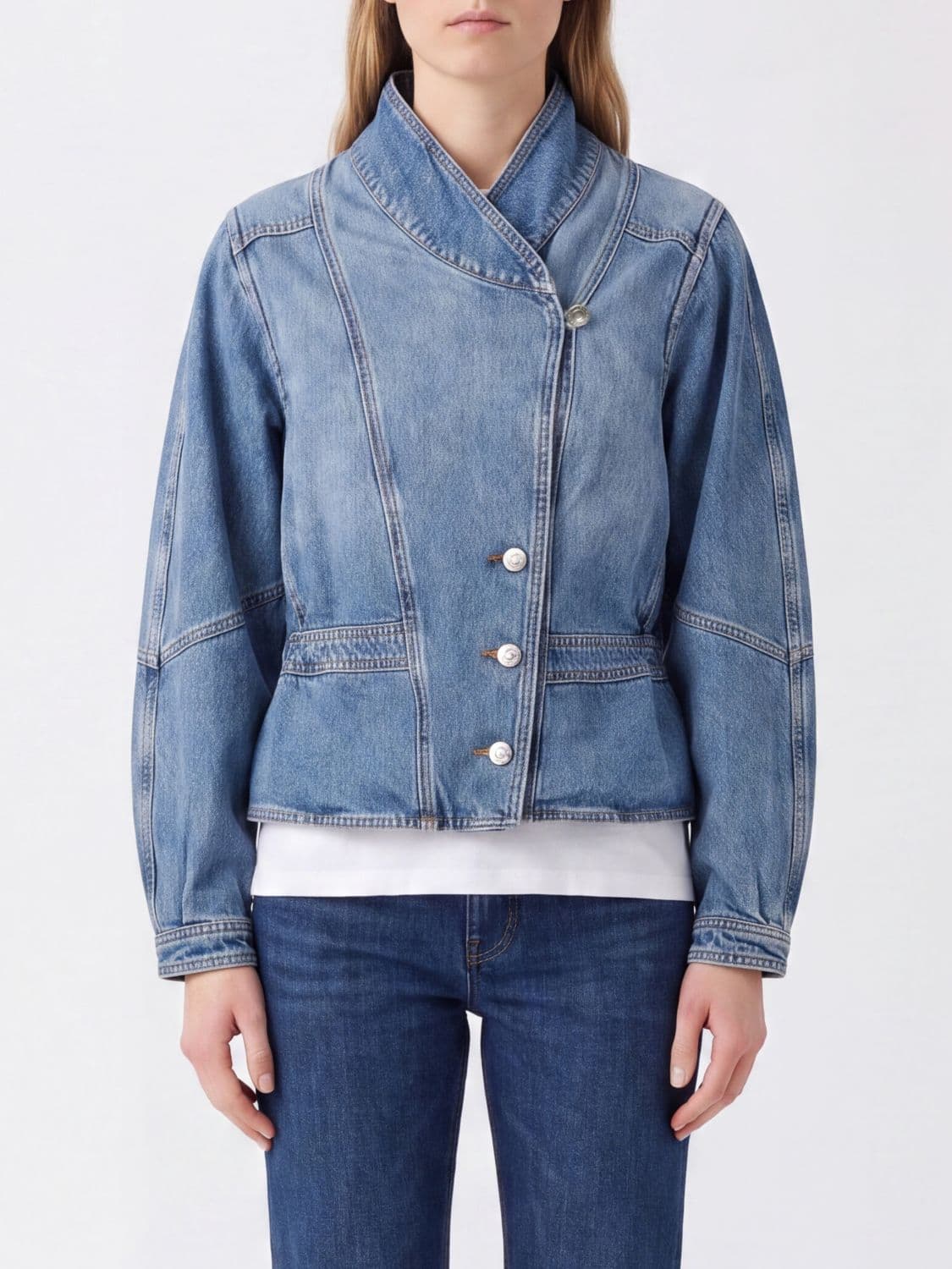 Isabel Marant Etoile Cotton Denim Jacket with High Collar and Asymmetrical Closure