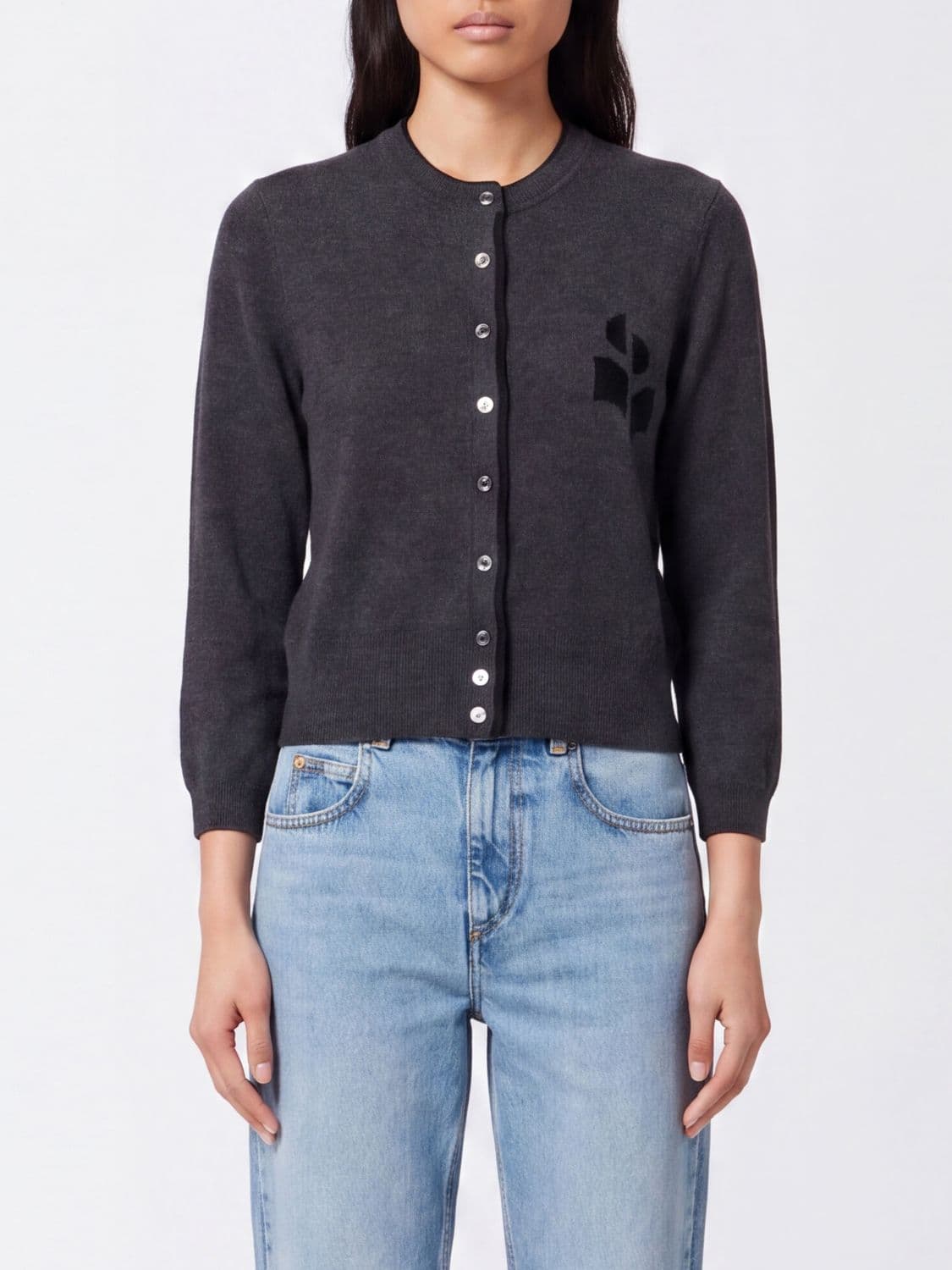 Isabel Marant Etoile Cotton and Wool Crewneck Cardigan with Contrast Logo