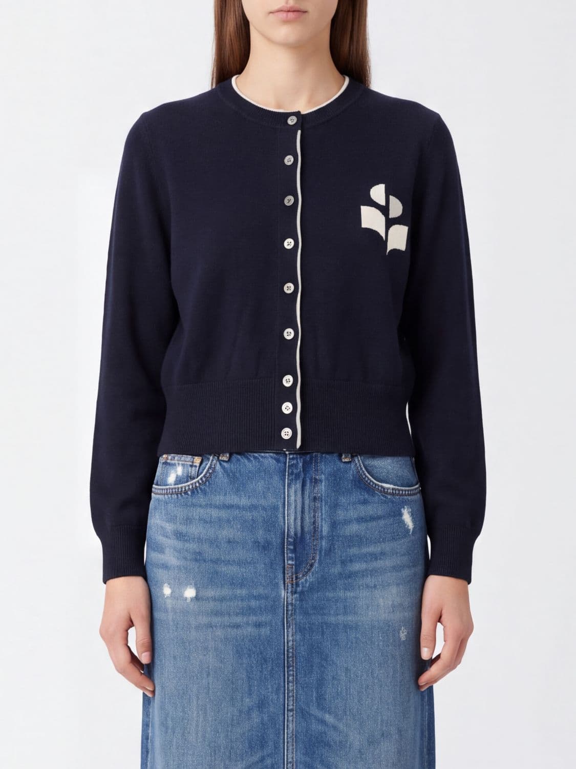 Isabel Marant Etoile Cotton and Wool Crewneck Cardigan with Contrast Logo