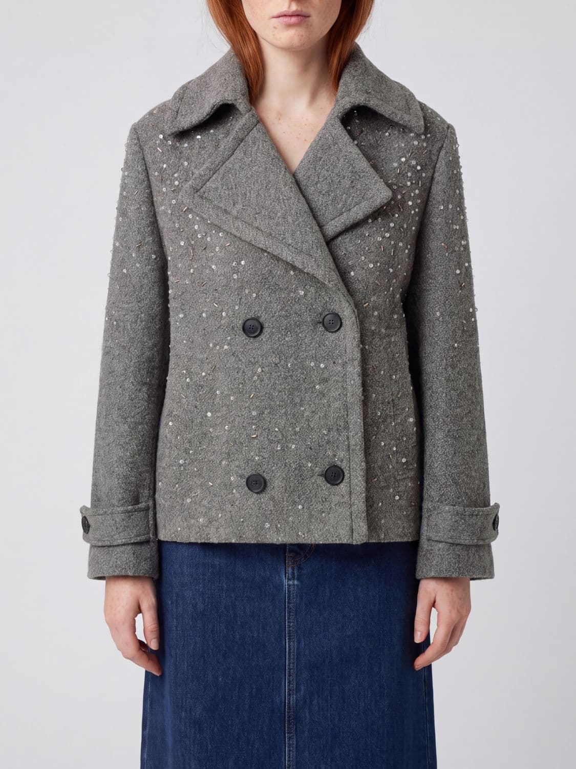 Golden Goose Double-Breasted Short Coat in Virgin Wool with Crystal Embellishments