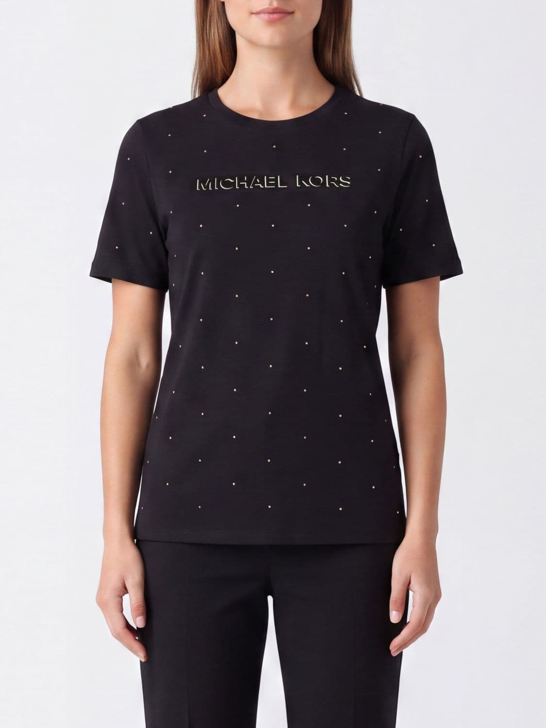 Michael Kors Studded Logo Print Cotton T-Shirt with Crew Neck