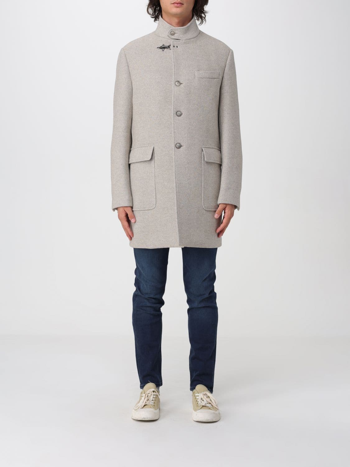 Fay Single-Breasted Short Wool Coat with Iconic Metal Hook