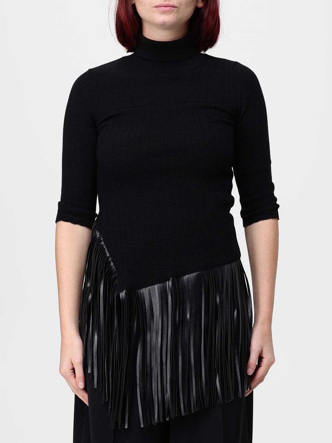 Simona Corsellini Ribbed Wool Short-Sleeved Turtleneck with Fringes