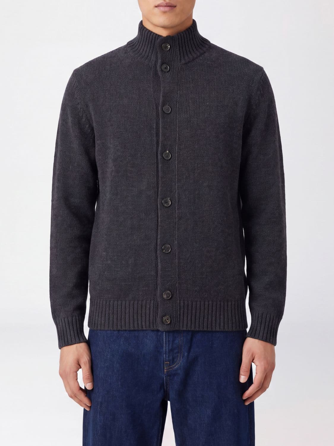 Zanone Virgin Wool Turtleneck Cardigan with Ribbed Trims