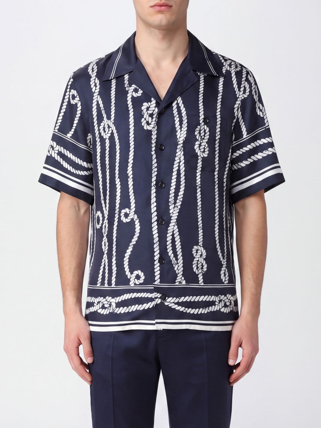 Dolce & Gabbana Marina Print Silk Bowling Shirt with Cuban Collar