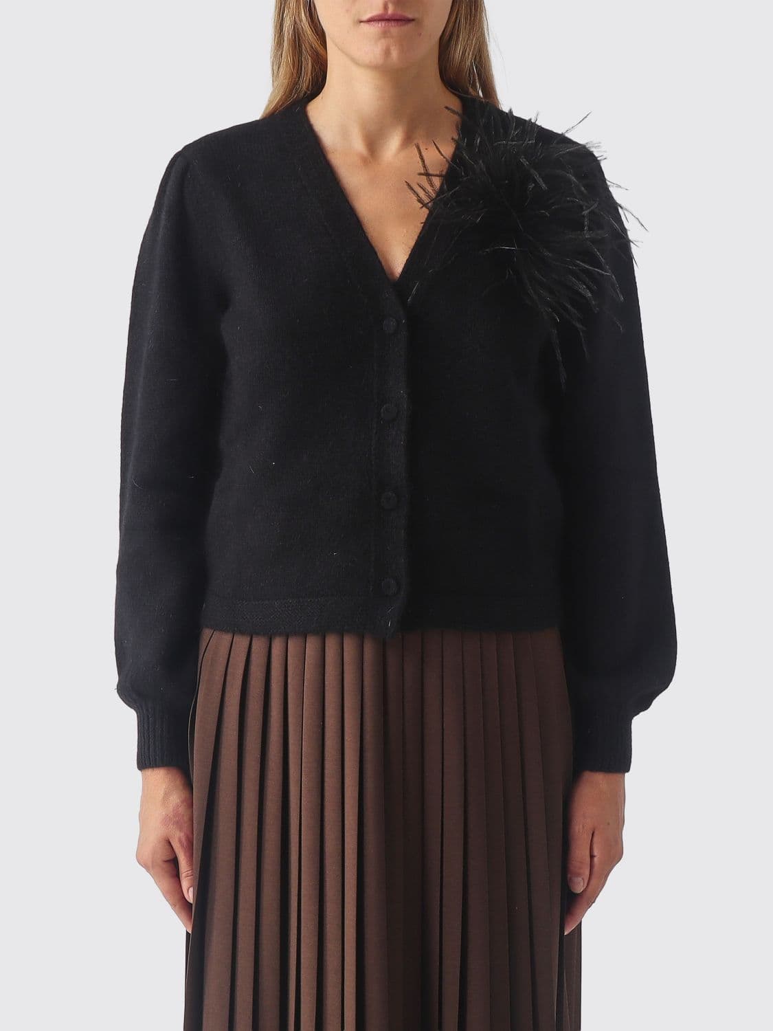 Twinset Wool and Angora-Blend V-Neck Cardigan with Feather Application