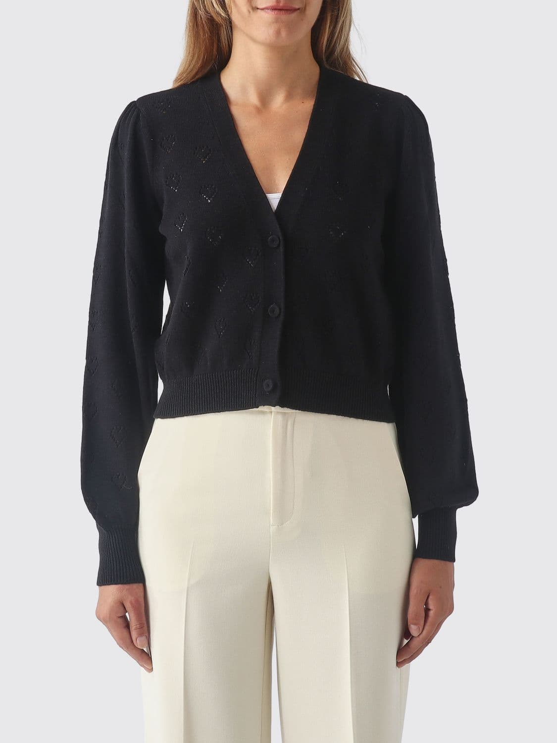 Twinset Open-Knit Cotton and Cashmere-Blend Cardigan with Heart Print and V-Neck