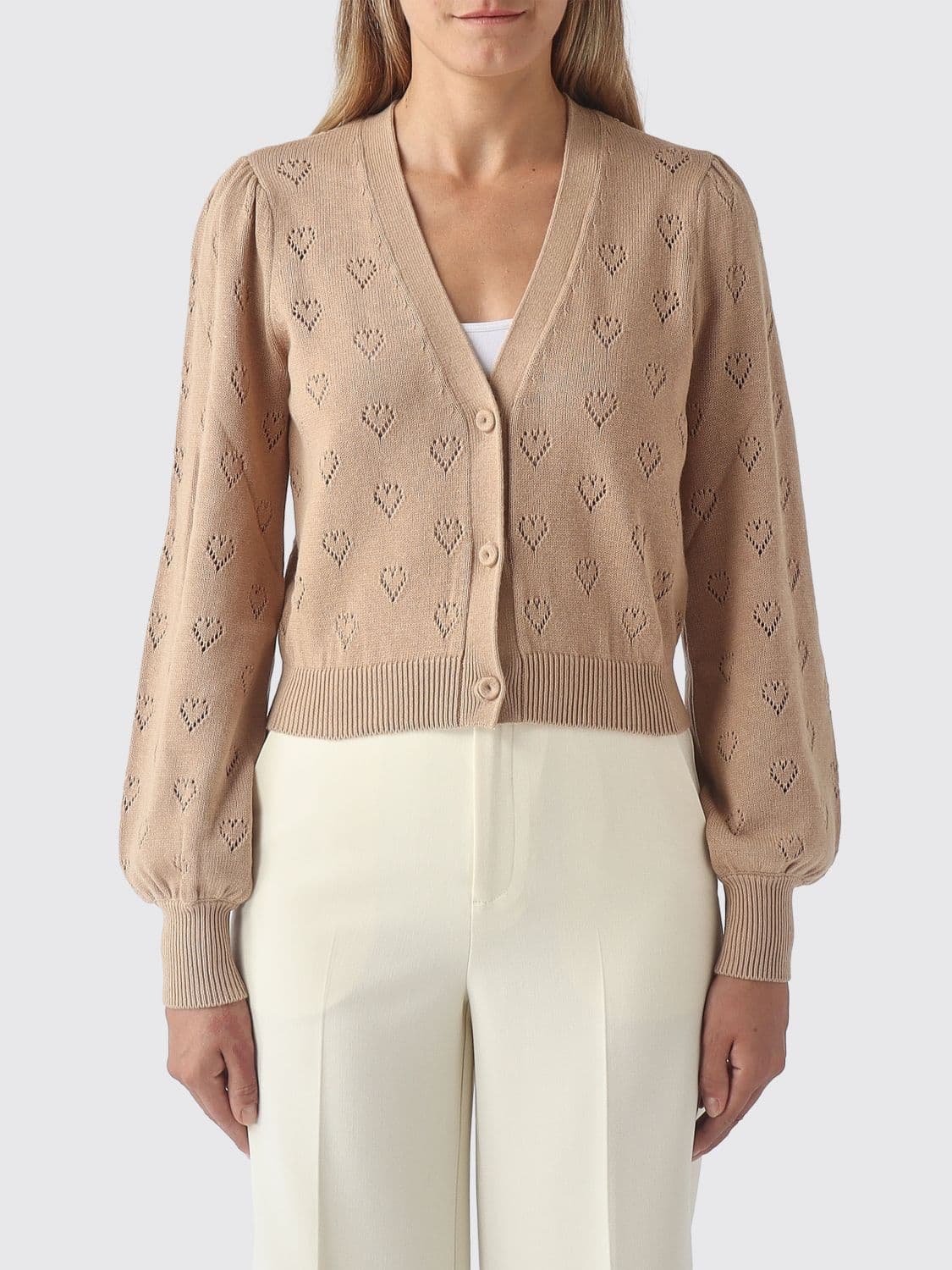 Twinset Open-Knit Cotton and Cashmere-Blend Cardigan with Heart Print and V-Neck
