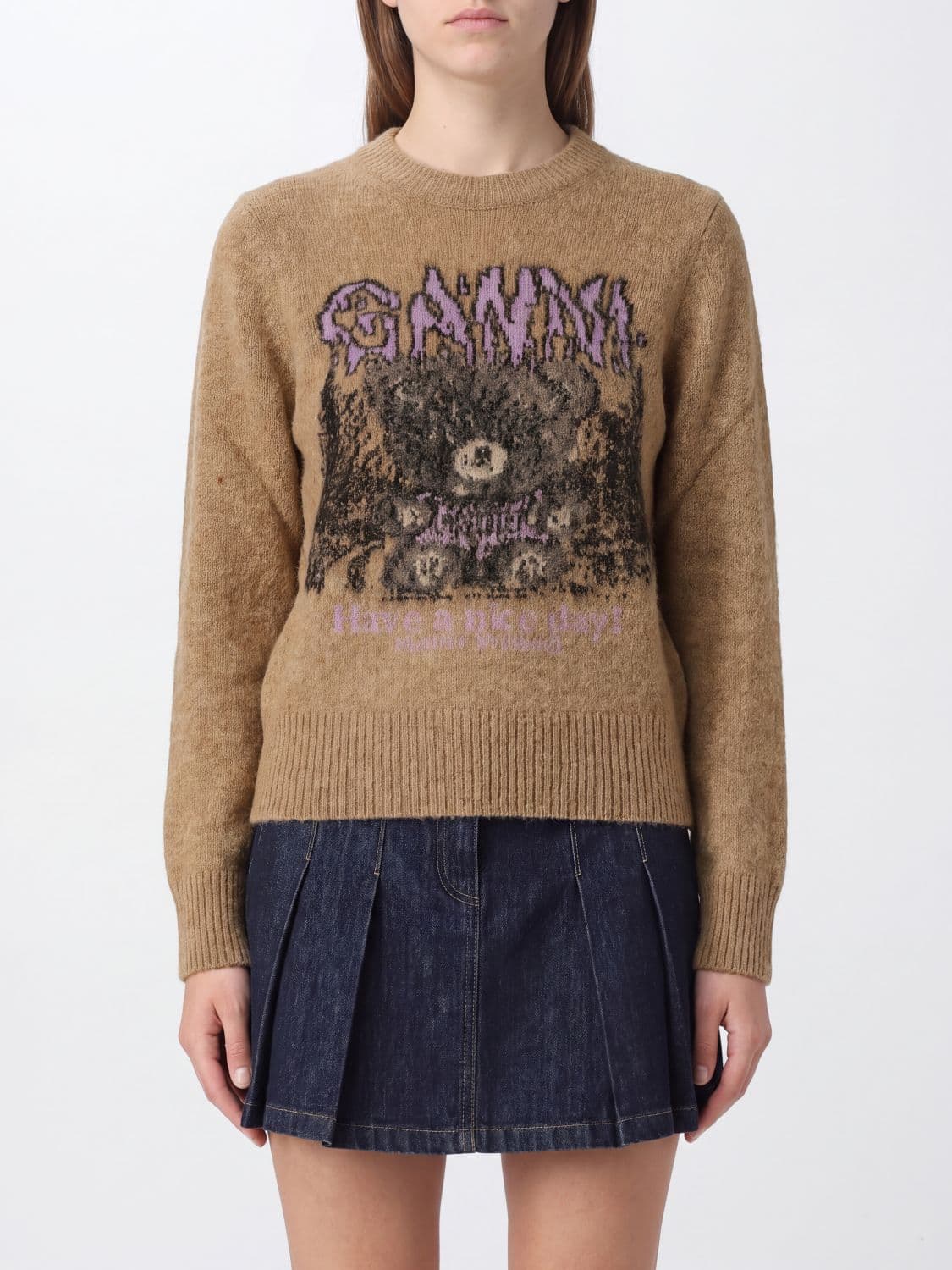 Ganni Alpaca and Wool Blend Cardigan with Jacquard Logo and Crew Neck