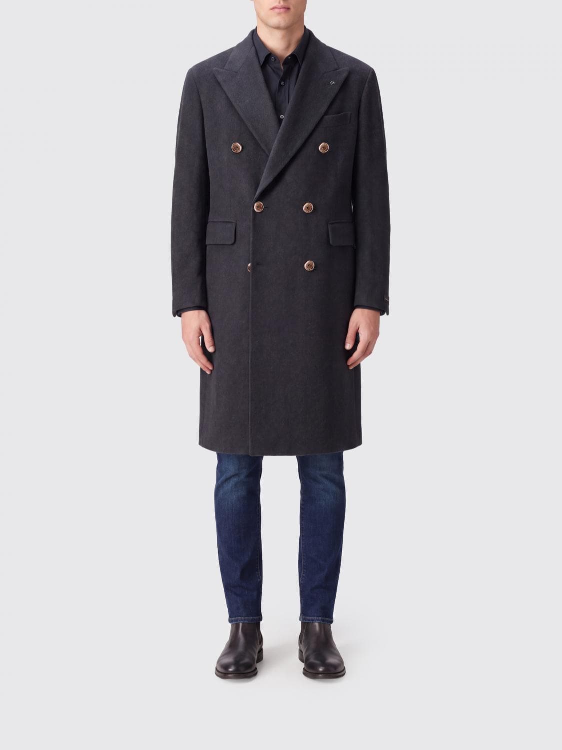 Tagliatore Double-Breasted Long Coat in Wool and Cashmere with Metal Buttons