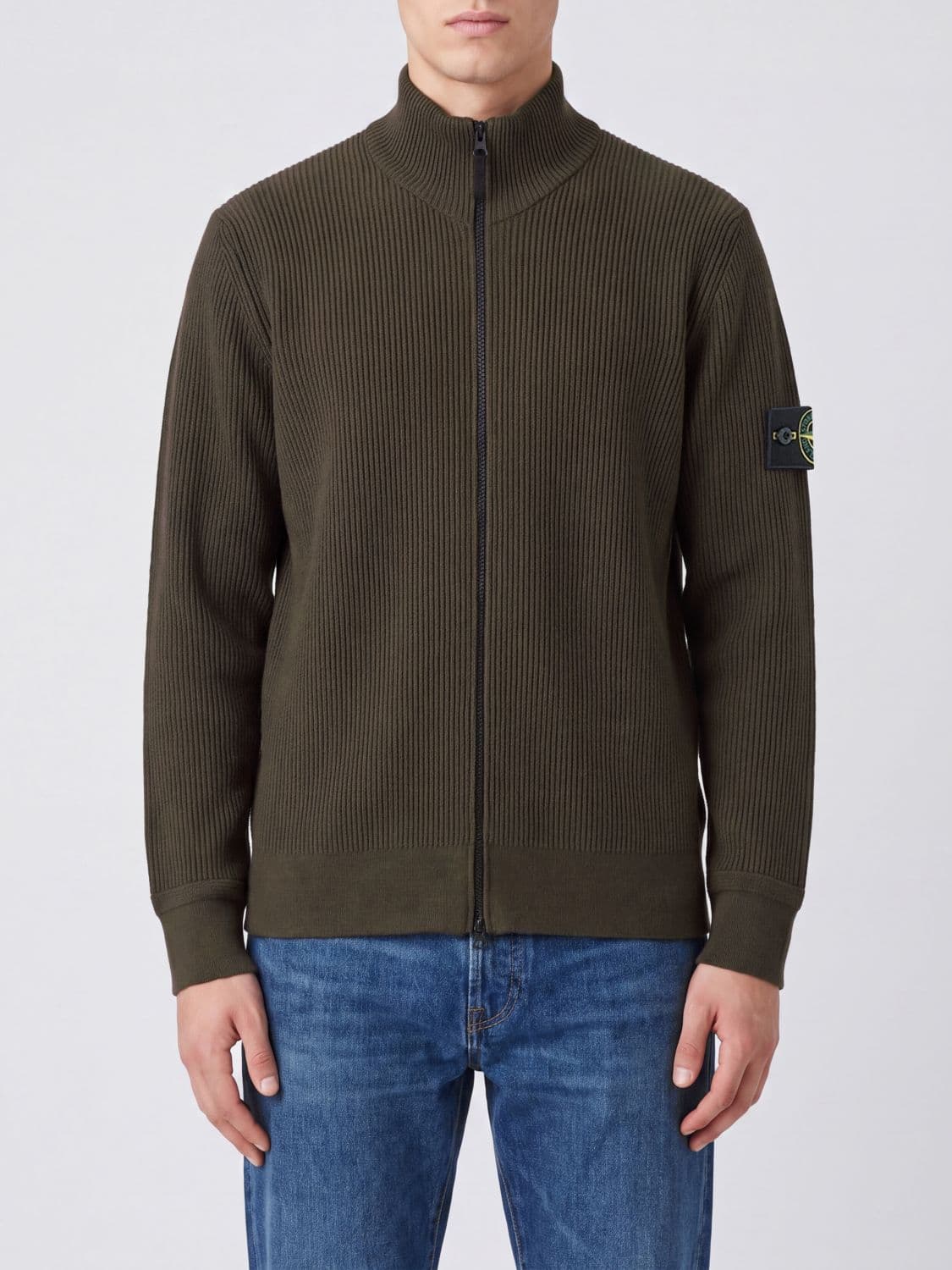 Stone Island Virgin Wool High-Neck Cardigan with Zip Closure