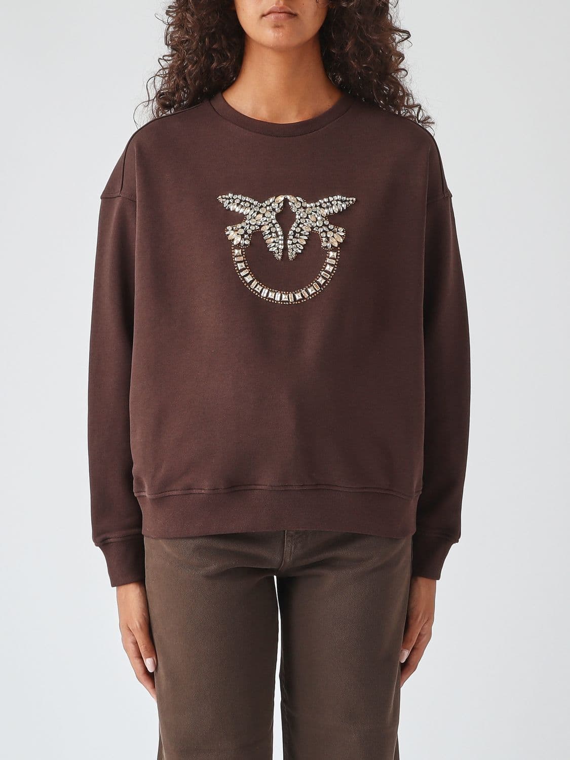 Pinko Cotton Sweatshirt with Dropped Shoulders and Rhinestone Love Birds Logo