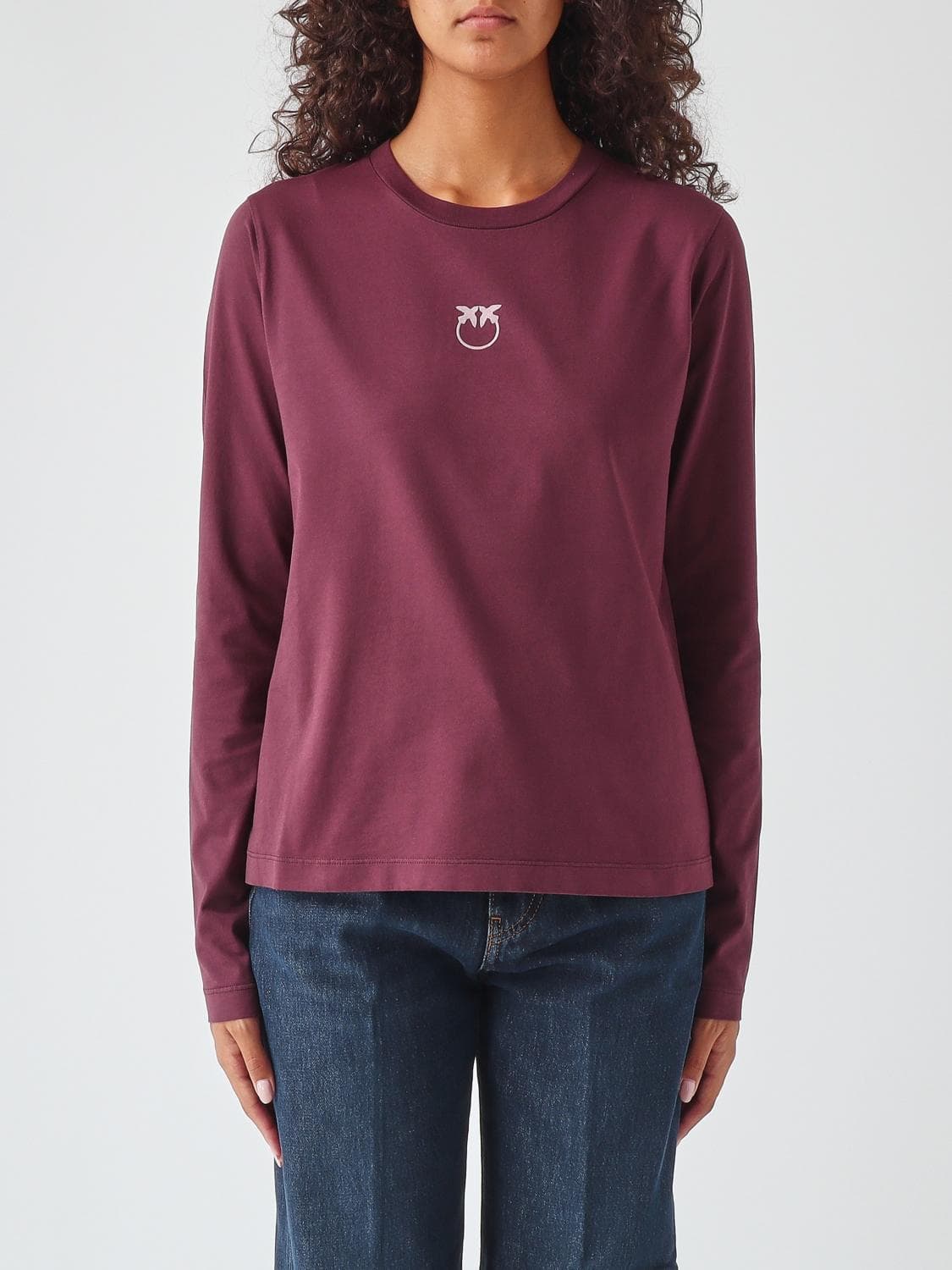 Pinko Long-Sleeved Cotton T-shirt with Love Birds Logo Embroidered on the Chest