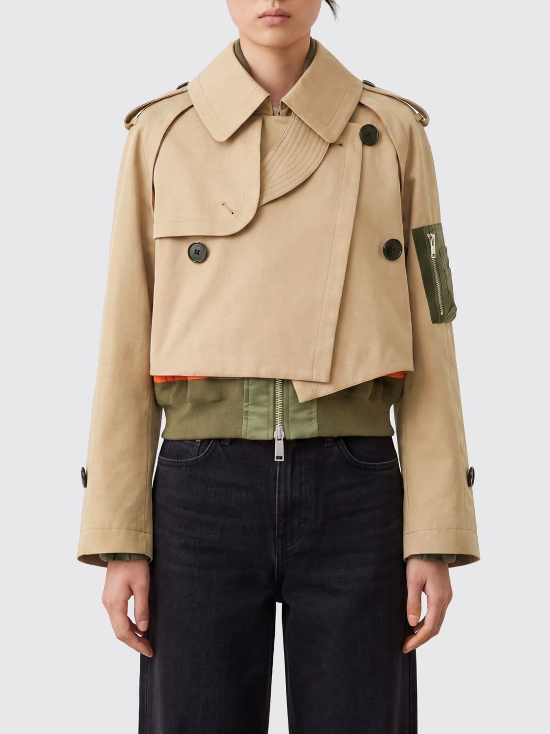 Sacai Cropped Double-Breasted Trench Coat in Cotton Blend with Asymmetric Closure · 2
