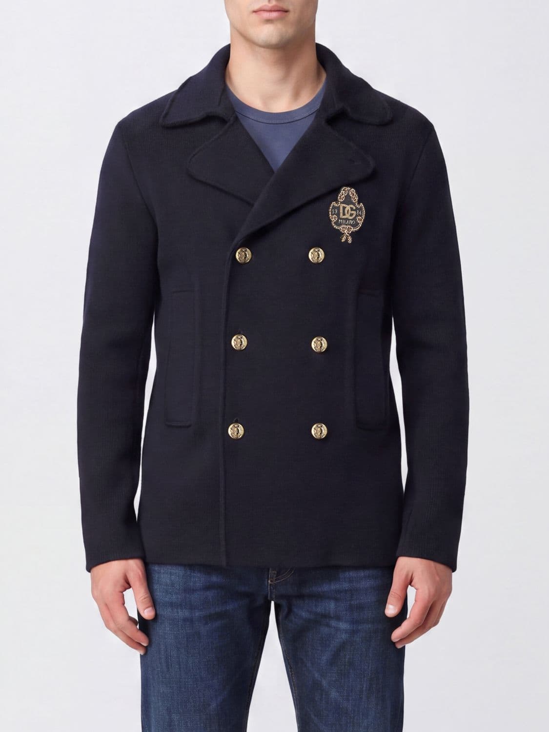 Dolce & Gabbana Double-Breasted Short Virgin Wool Coat with Crest