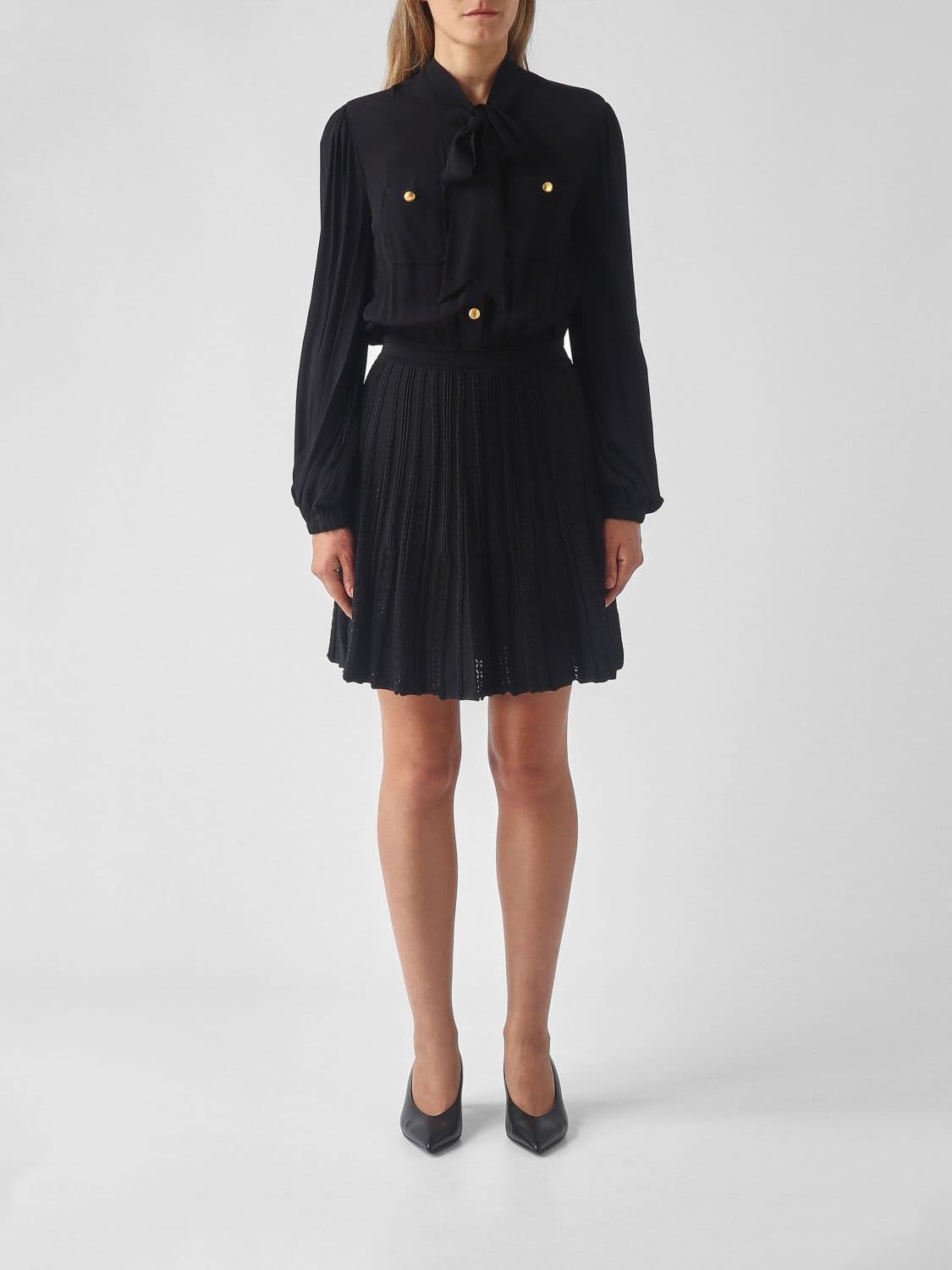 Twinset Pleated Sheath Mini Dress with Puff Sleeves
