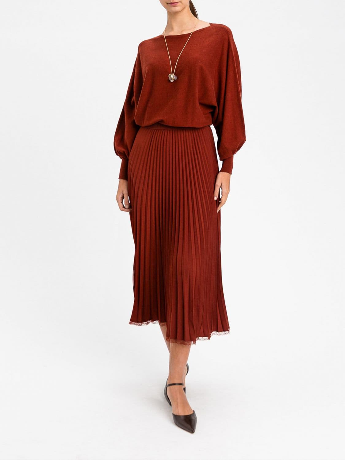 Twinset Pleated Skirt Midi Knit Crêpe Dress with Long Sleeves