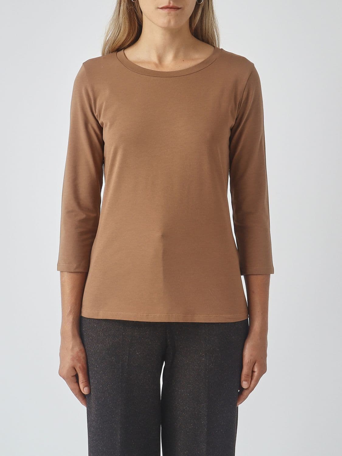 Mm Max Mara Long-Sleeved Stretch Cotton T-Shirt with Crew Neck