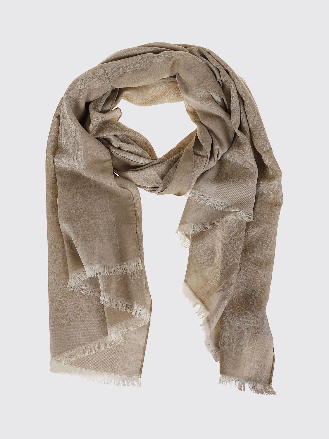 Etro Cotton, Wool and Silk Blend Scarf with Ethnic Print and Fringed Edges