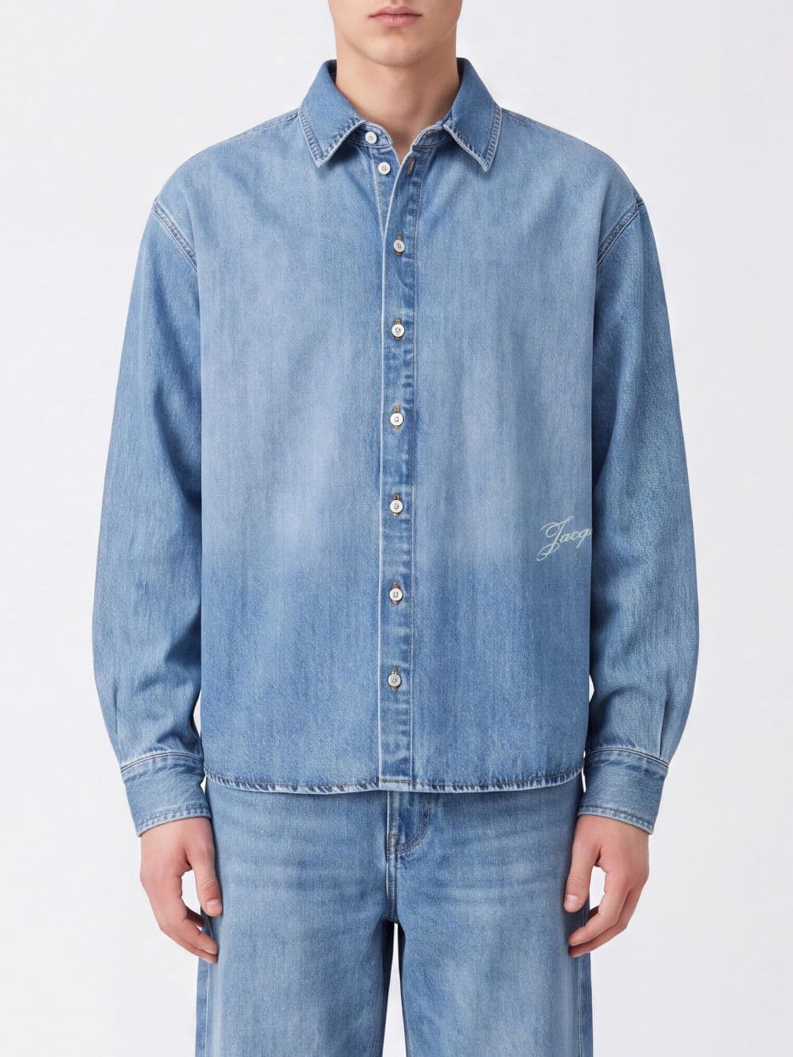 Jacquemus Cotton Denim Shirt with French Collar and Logo