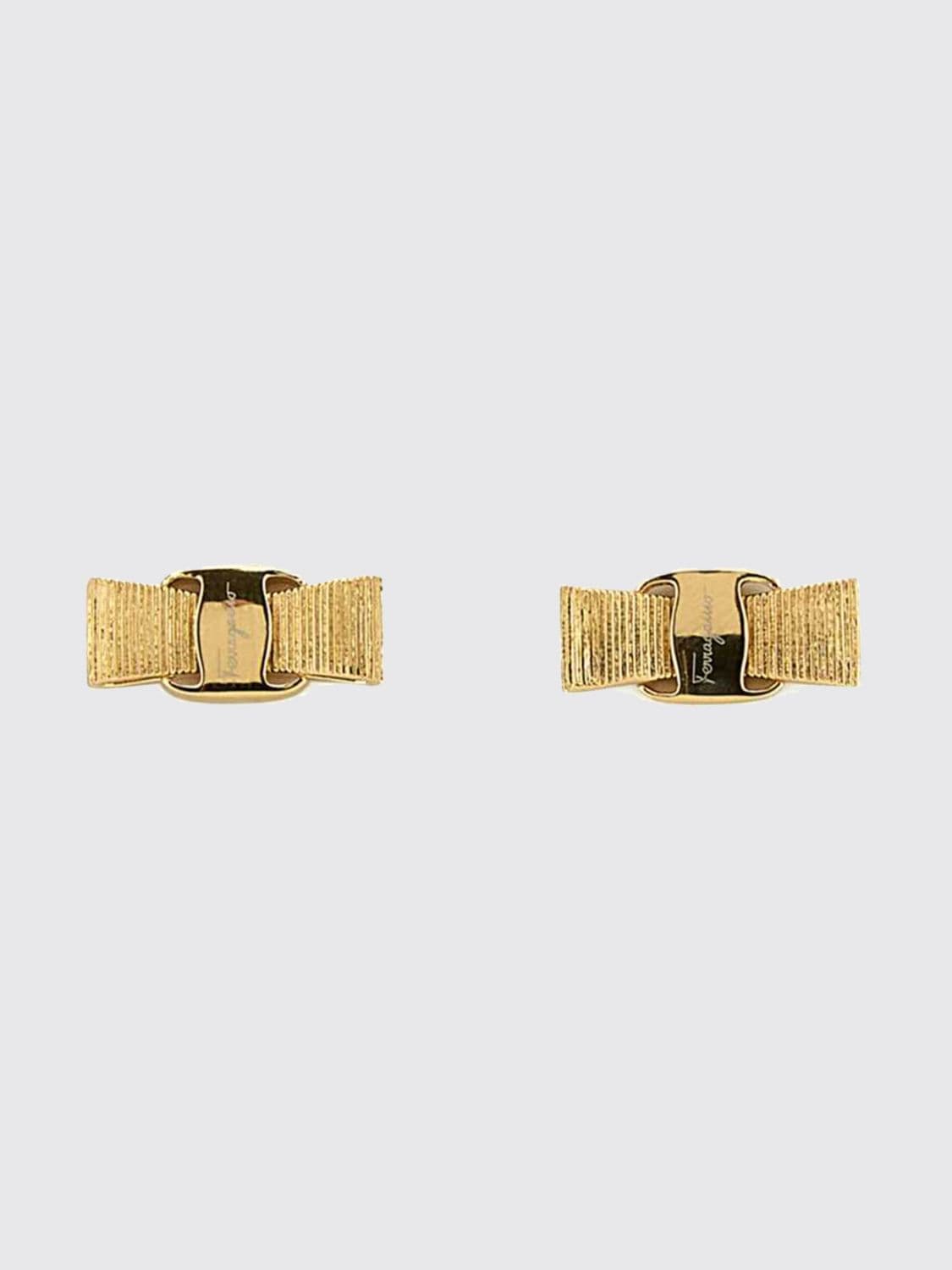 Ferragamo Vara Stud Earrings in Brass with Engraved Logo and Pin Closure