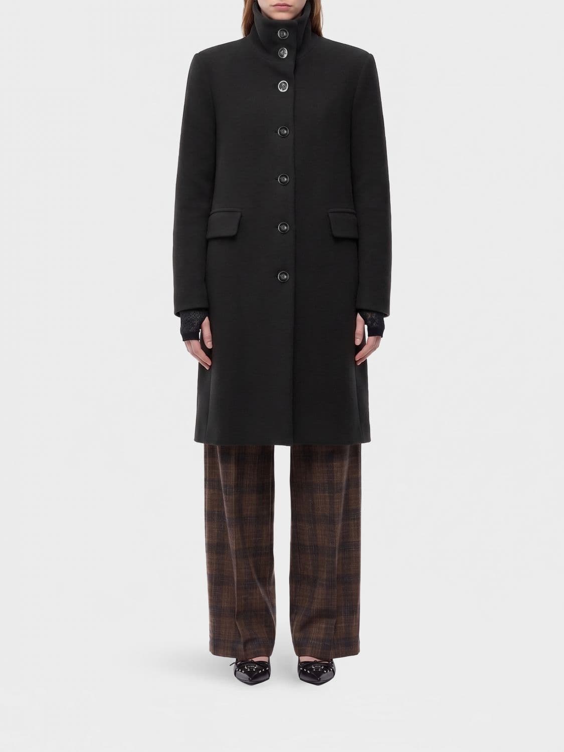 Pinko Single-Breasted Knee-Length Coat in Wool Blend with High Collar