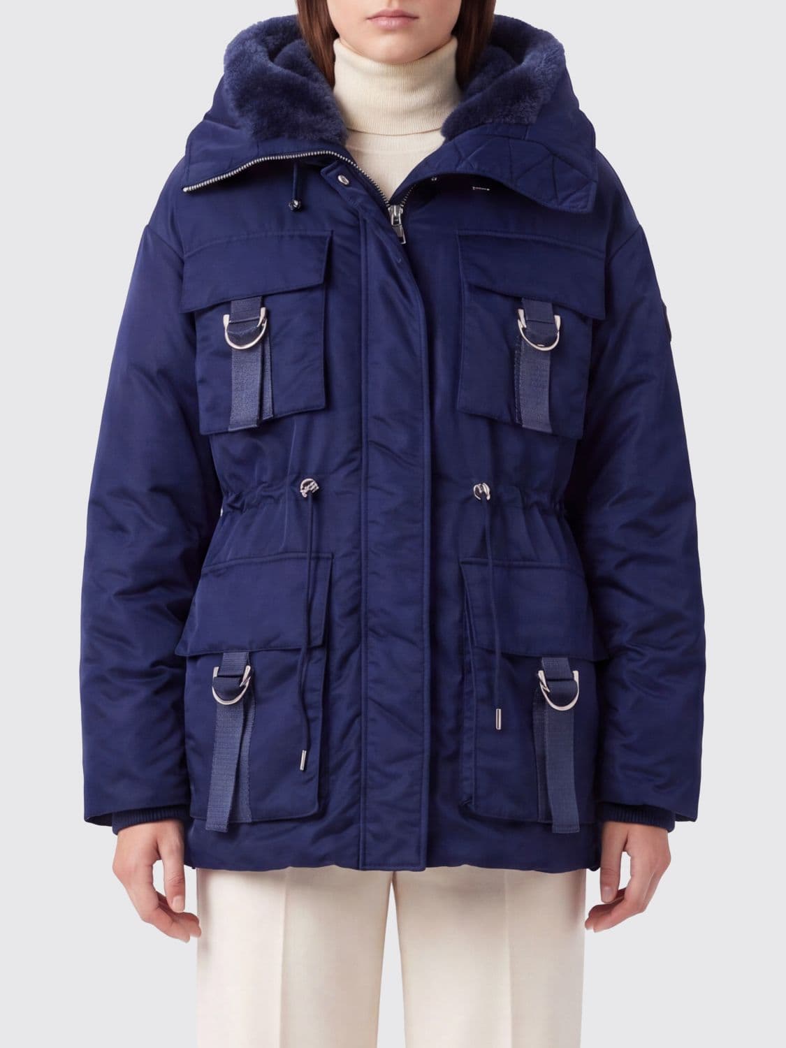 Pinko Short Satin Nylon Parka with Shearling Hood and Drawstring