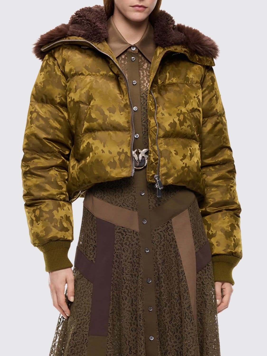 Pinko Quilted Camouflage Print Cropped Bomber Jacket with Shearling Hood