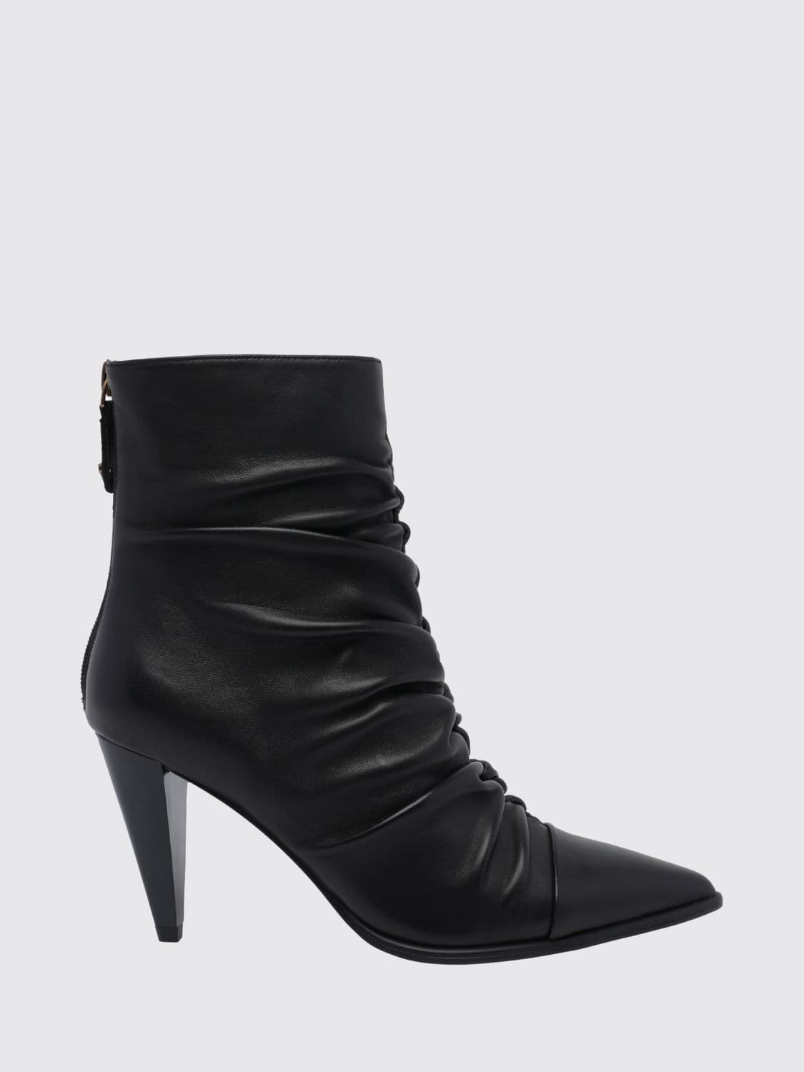 Pinko Vane Draped Leather Ankle Boots with High Flared Heel and Almond Toe