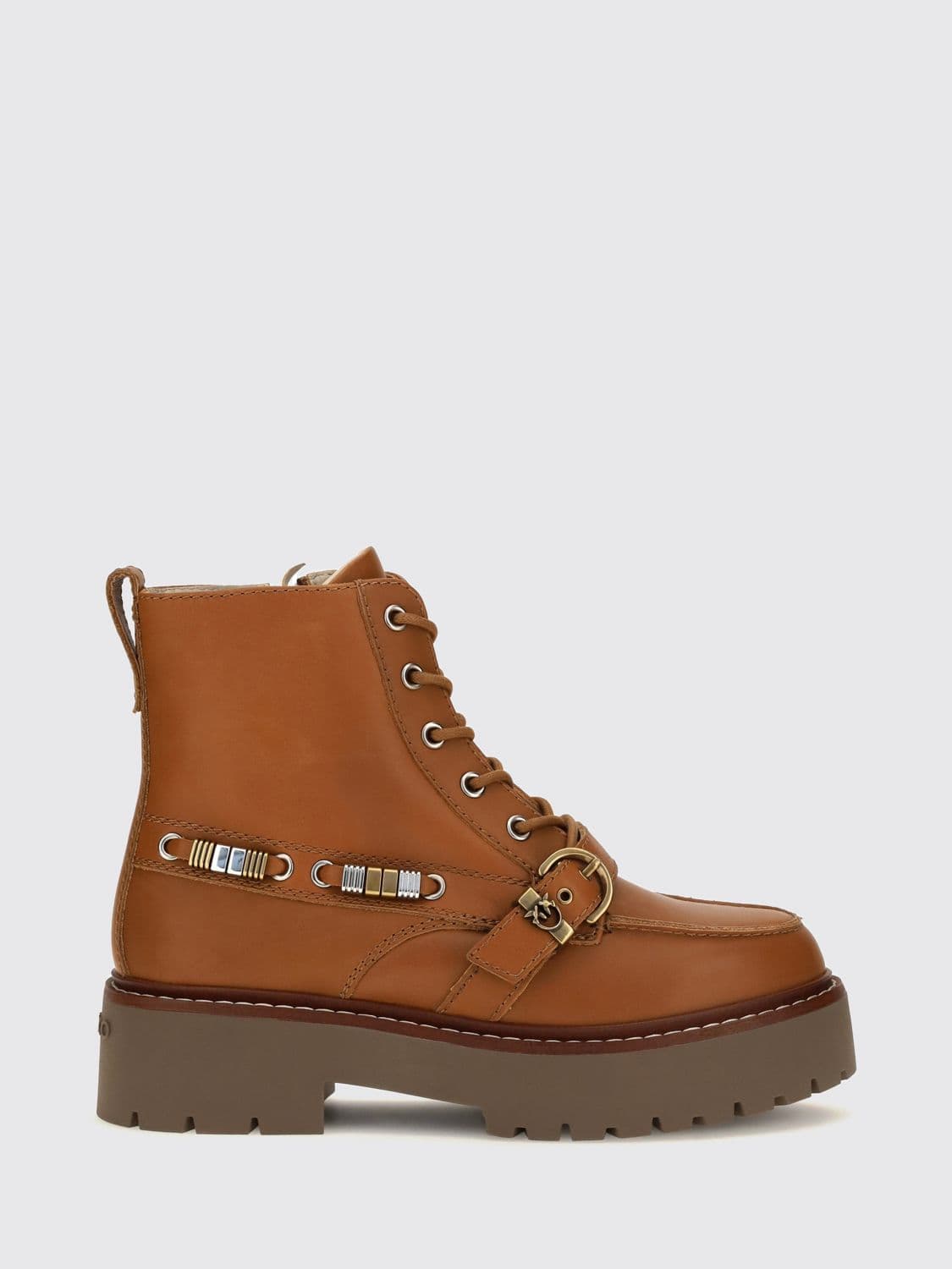 Pinko Margaret Smooth Leather Combat Boots with Love Birds Logo and Rubber Sole