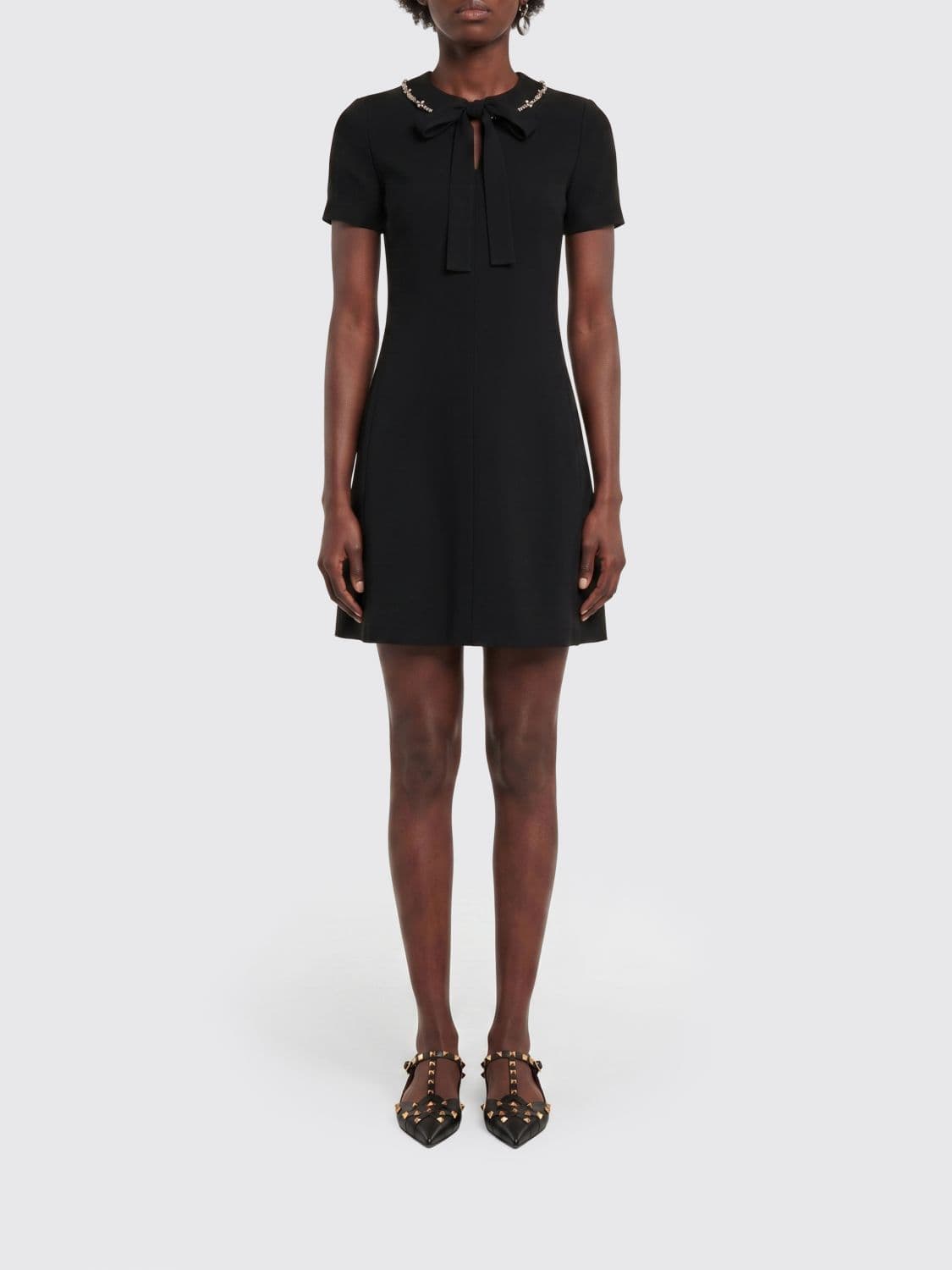 Valentino Garavani A-Line Mini Dress in Viscose Blend with Jeweled Scarf Neck