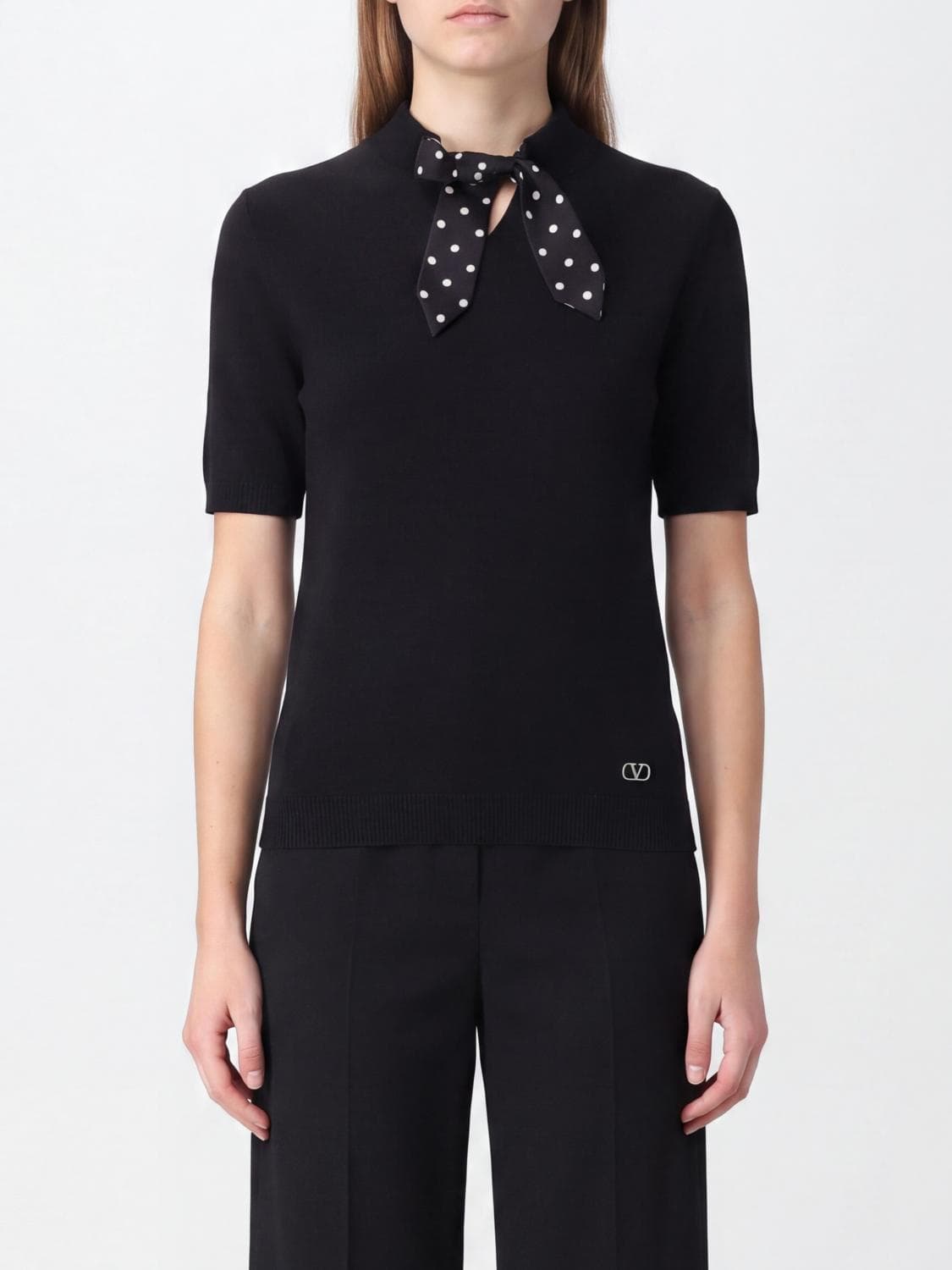 Valentino Garavani Virgin Wool Knit Top with Scarf Neck and VLogo Signature · L