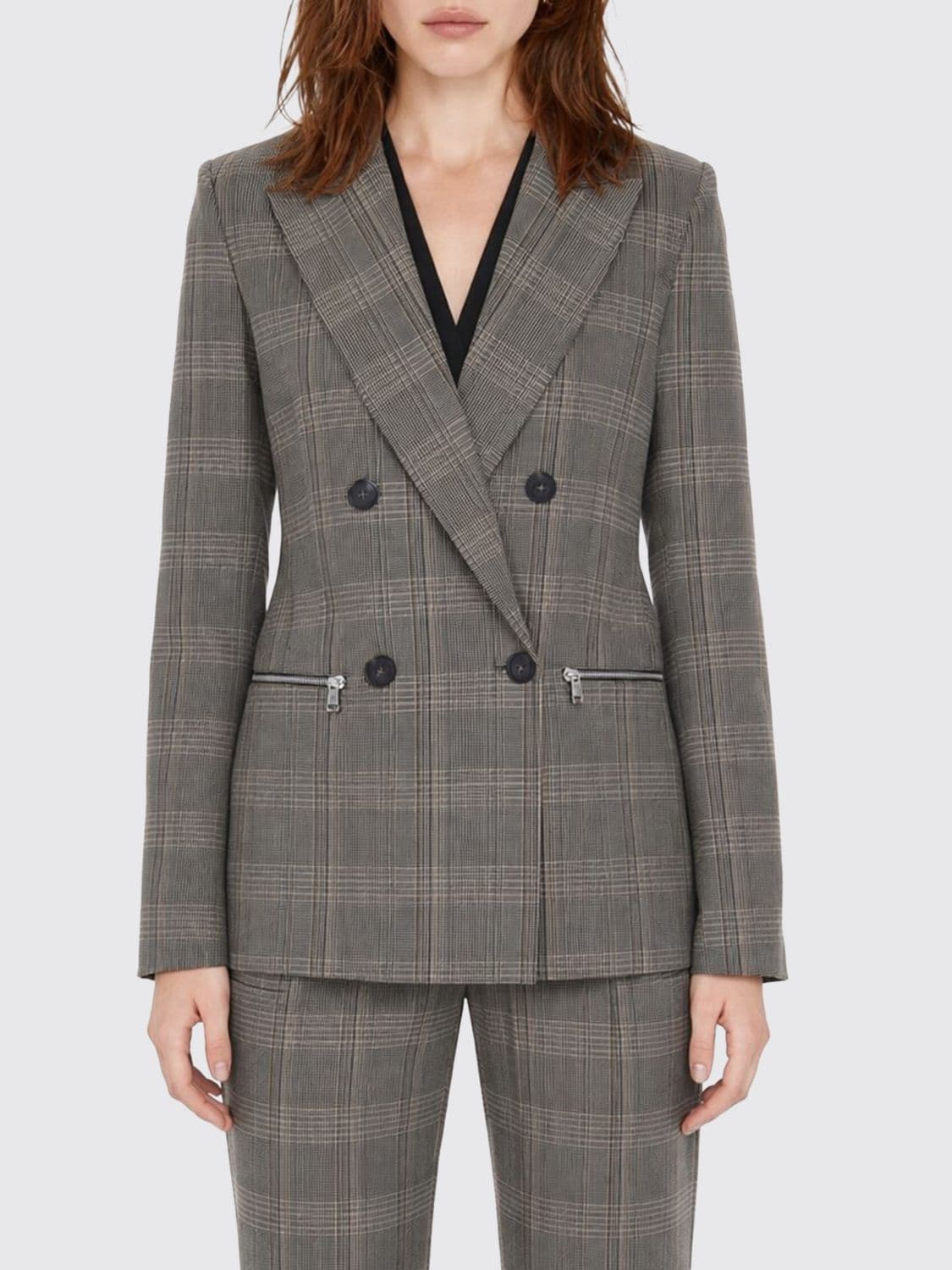 Patrizia Pepe Prince of Wales Check Double-Breasted Slim Fit Blazer with Zip Pockets