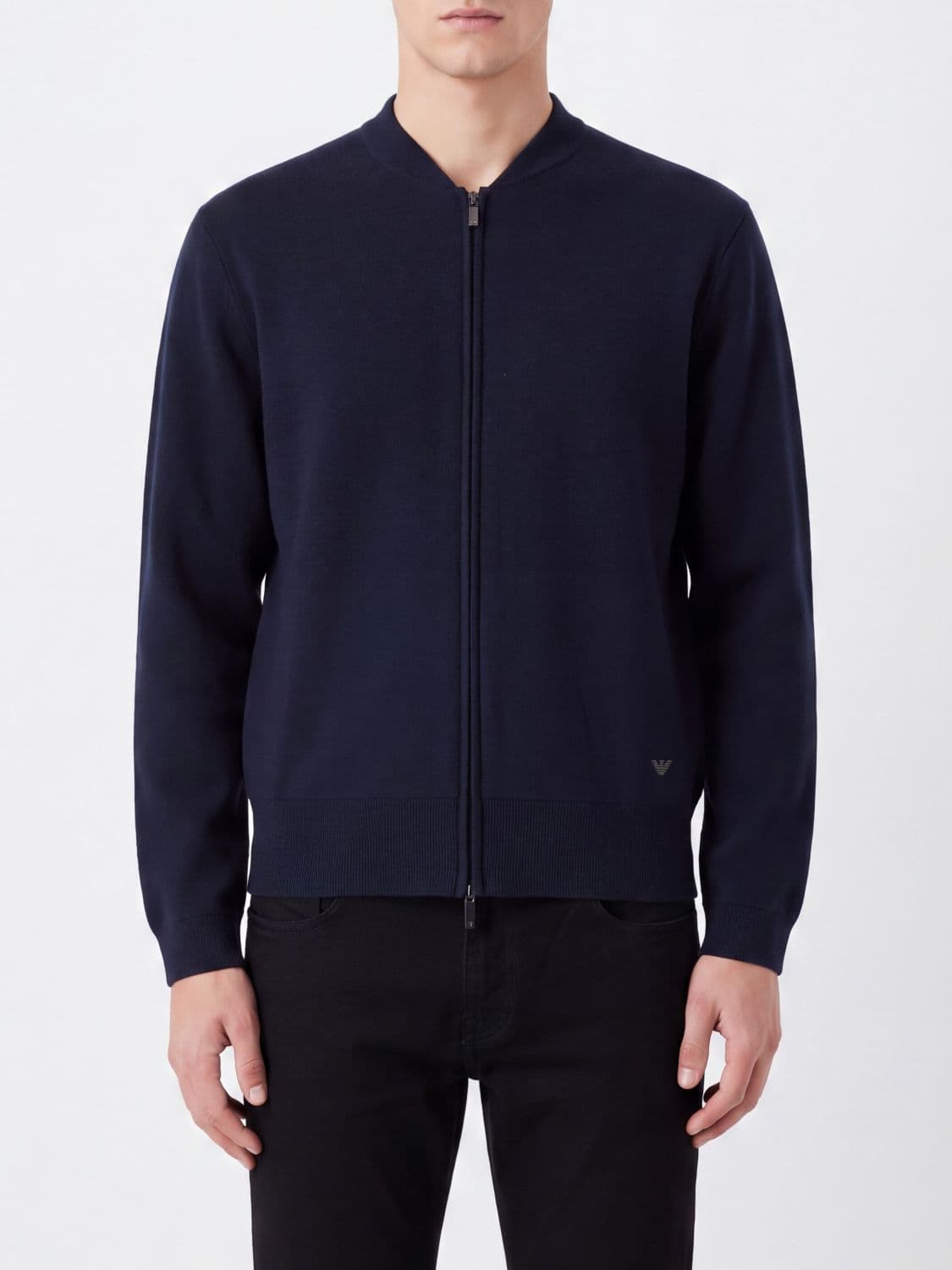Emporio Armani Pure Wool Bomber Collar Zip-Up Cardigan