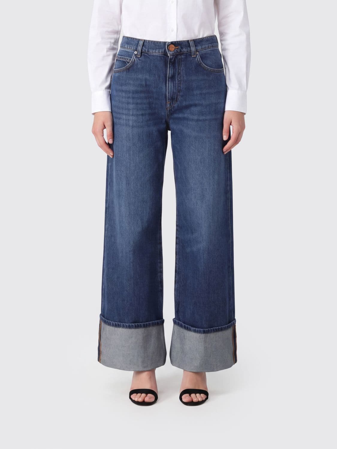 Pinko High-Waisted Wide-Leg Cotton Denim Jeans with Cuffs and Love Birds Logo