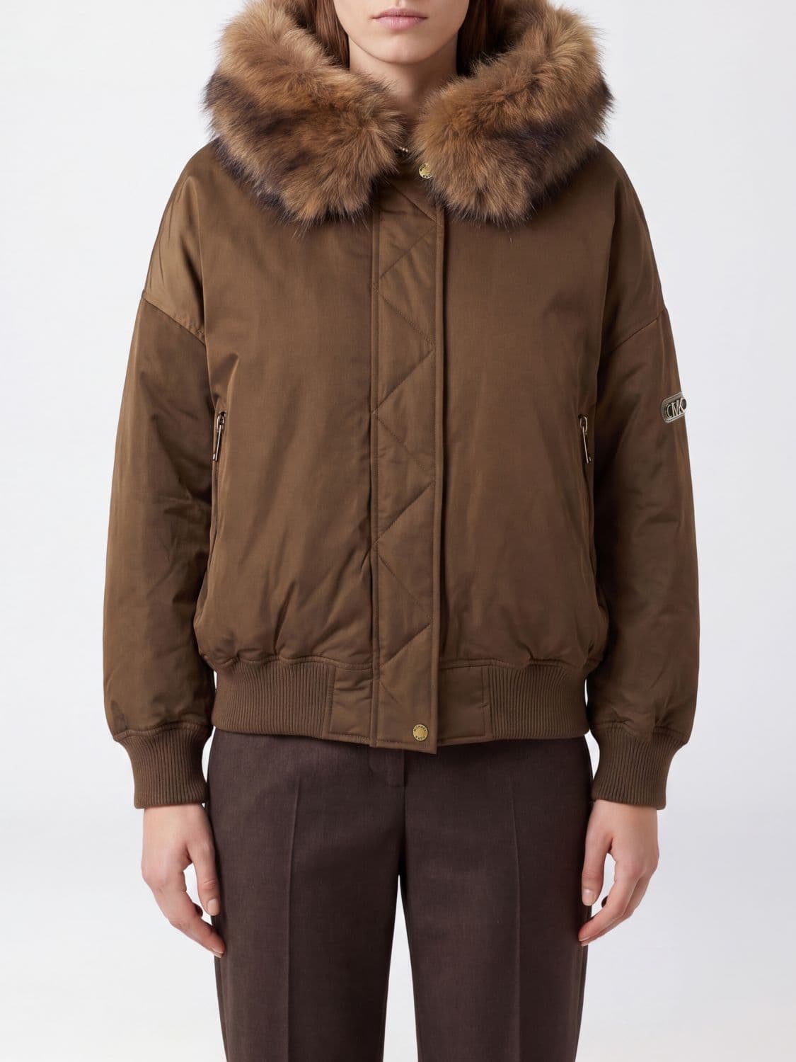 Michael Kors Satin Bomber Jacket with Hood and Fur Collar