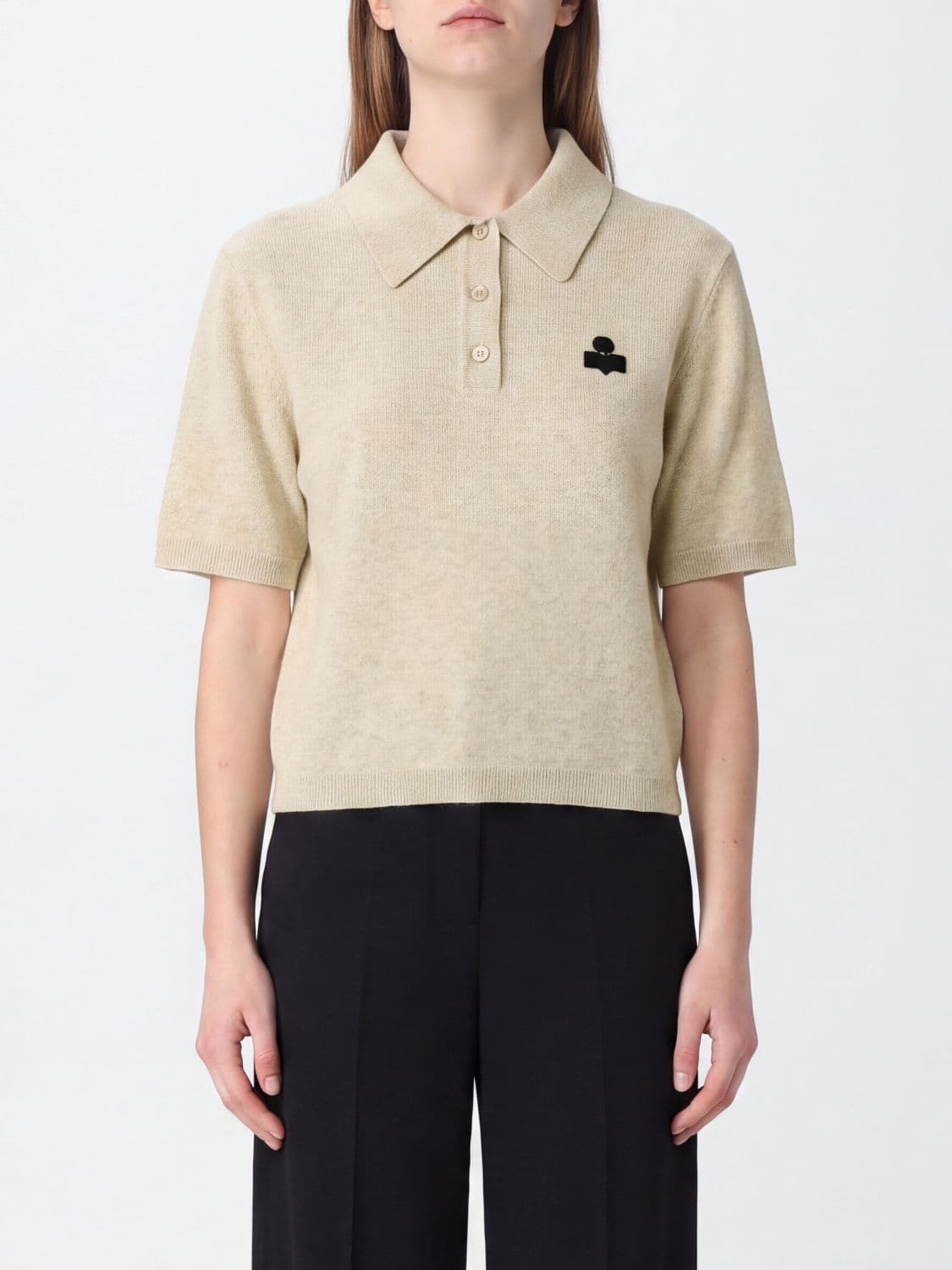Isabel Marant Etoile Short-Sleeved Cotton and Wool Knit Polo Shirt with Contrast Logo
