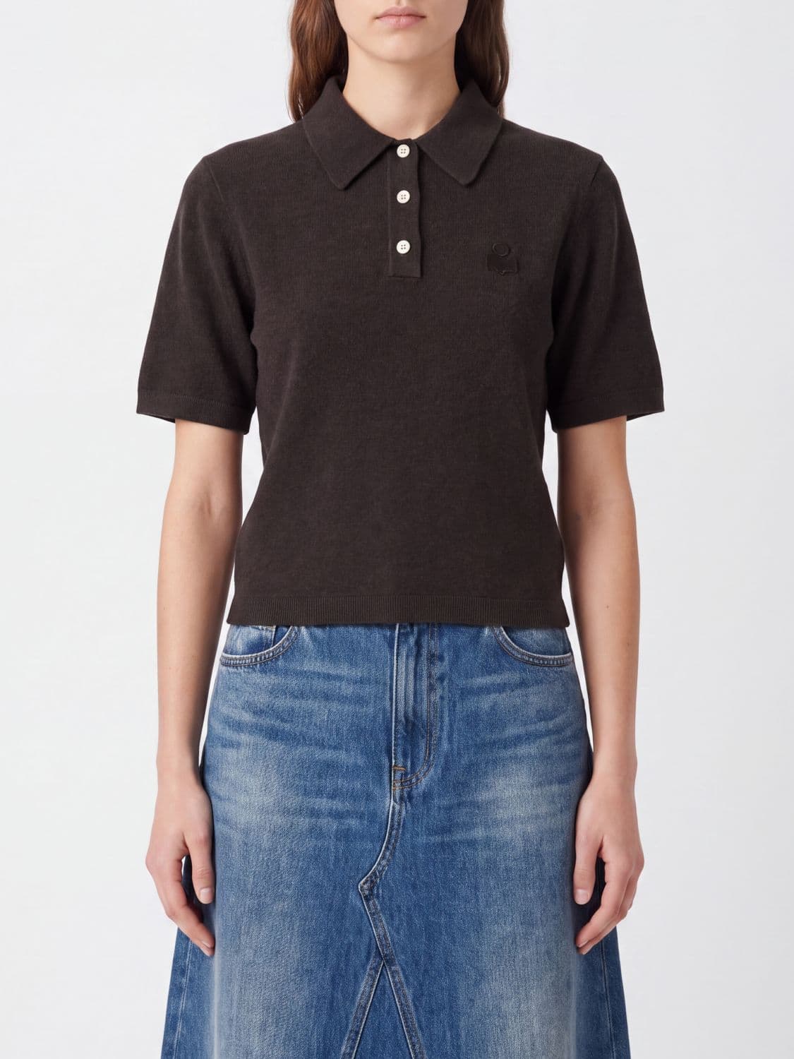 Isabel Marant Etoile Short-Sleeved Cotton and Wool Knit Polo Shirt with Contrast Logo