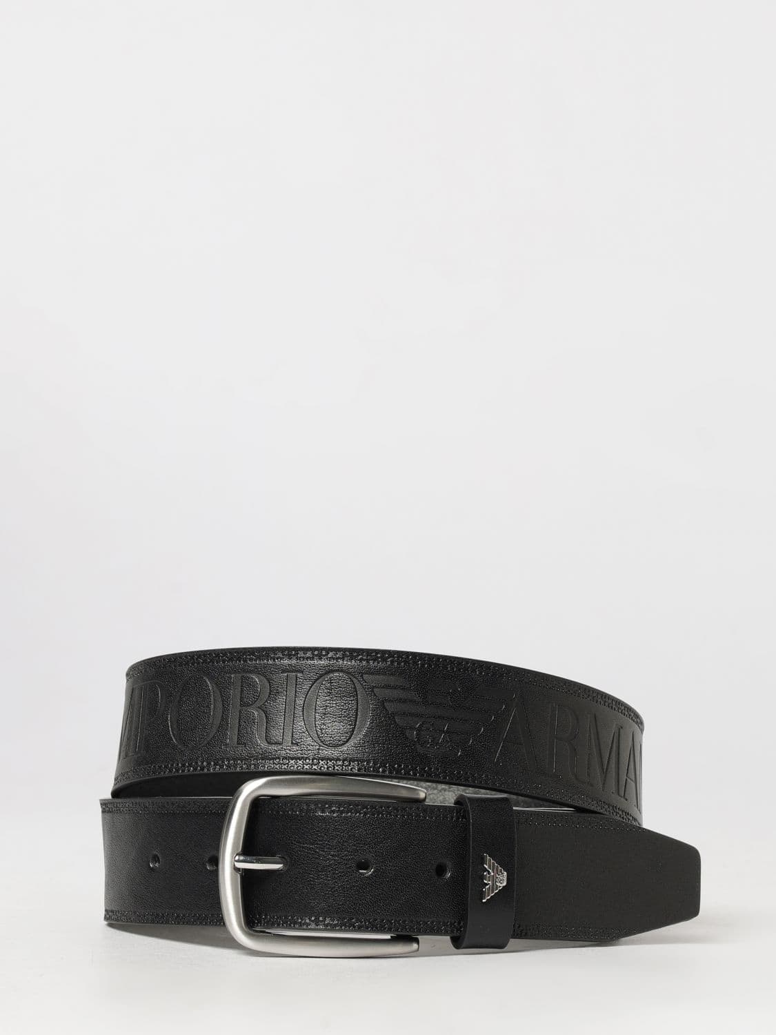 Emporio Armani Bovine Leather Belt with Embossed Logo and Pin Buckle