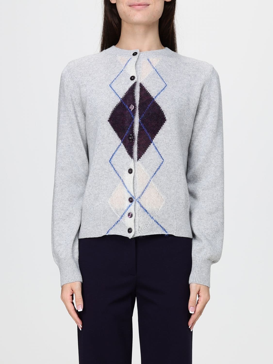 Liviana Conti Saba Argyle Pattern Wool Blend Crewneck Cardigan