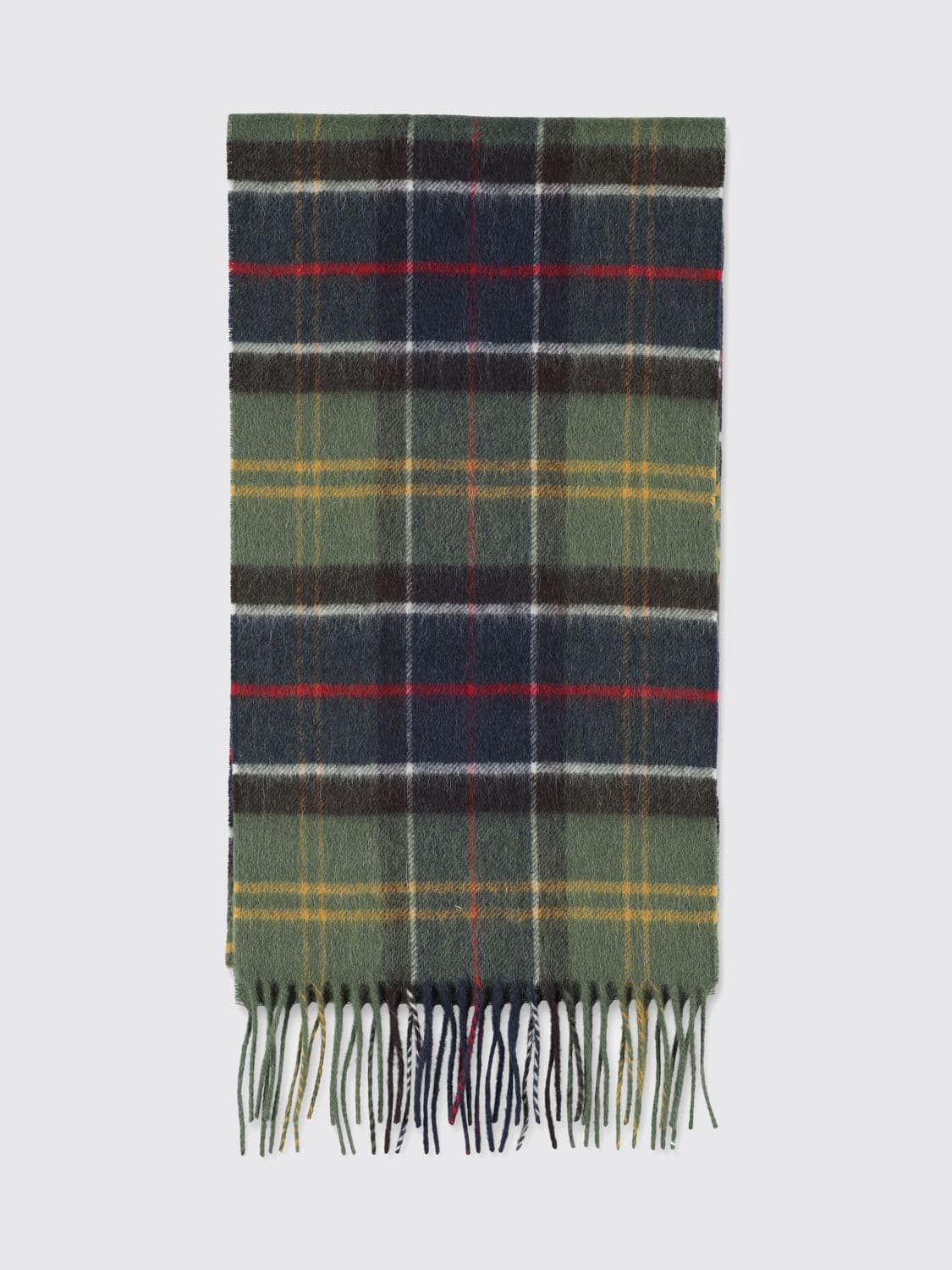 Barbour Tartan Pattern Wool and Cashmere Blend Scarf with Fringed Hem