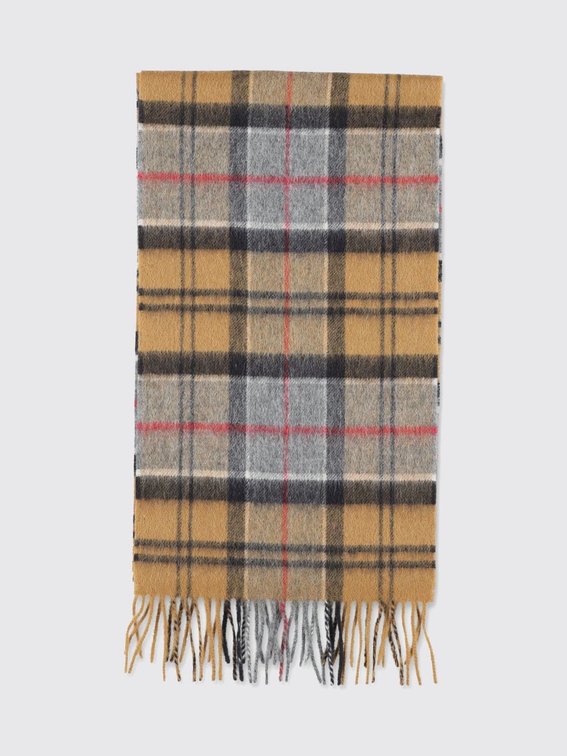 Barbour Tartan Pattern Wool and Cashmere Blend Scarf with Fringed Hem