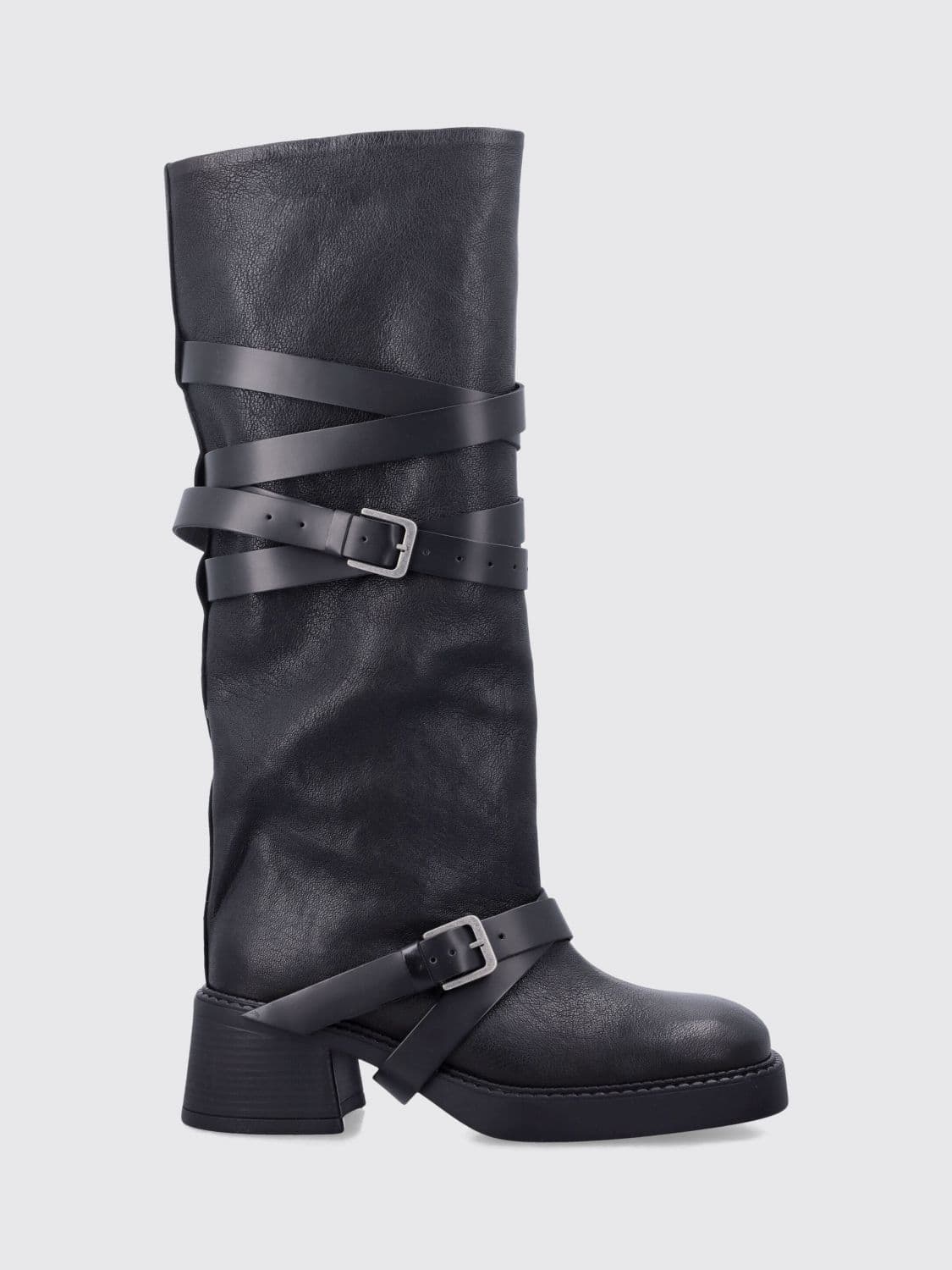 Miista Knee-High Cowhide Biker Boots with Straps