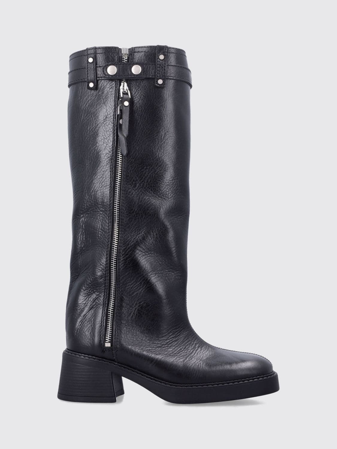 Miista Knee-High Leather Biker Boots with Side Zip