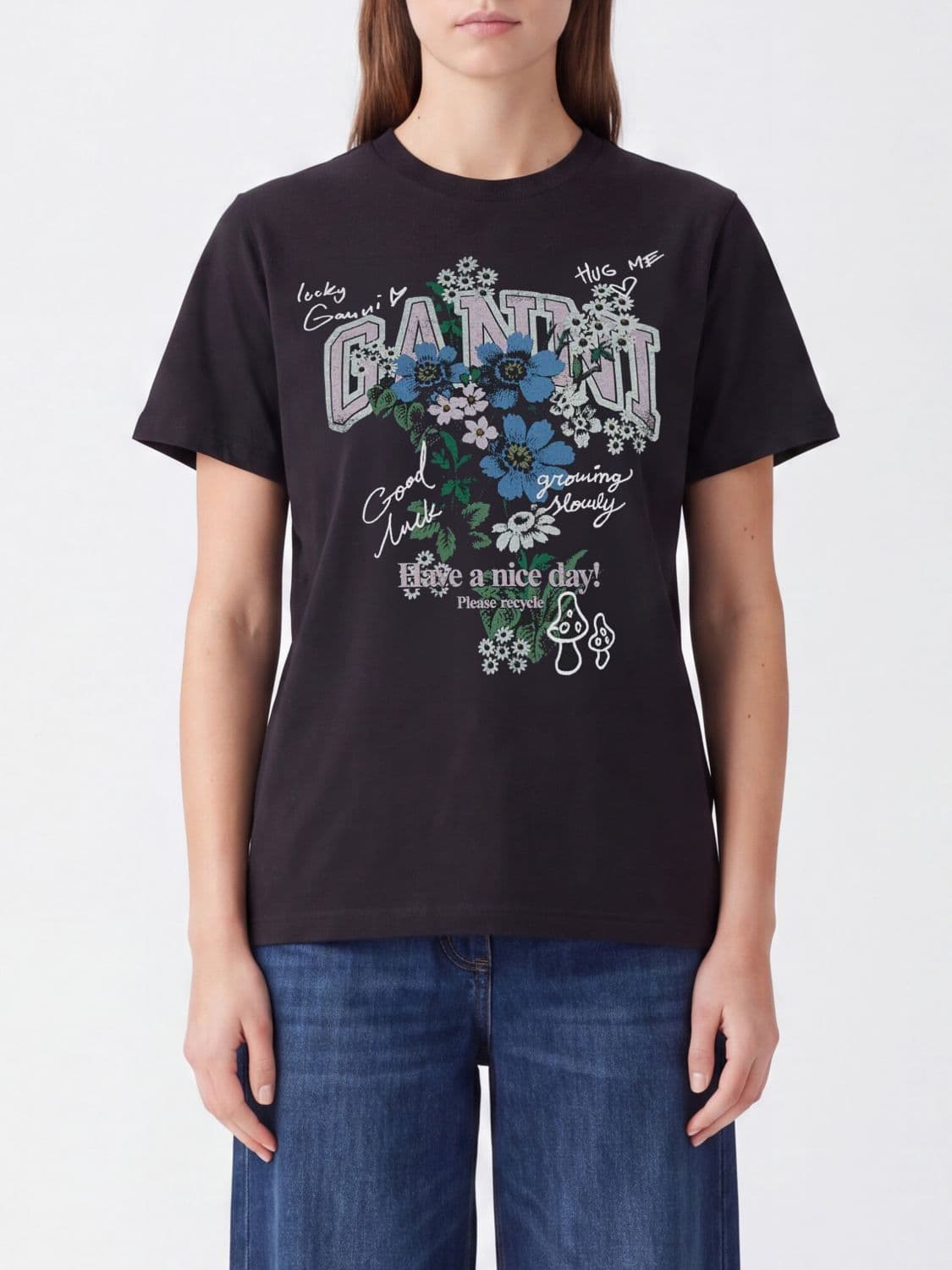 Ganni Floral and Graffiti Logo Print Organic Cotton T-shirt