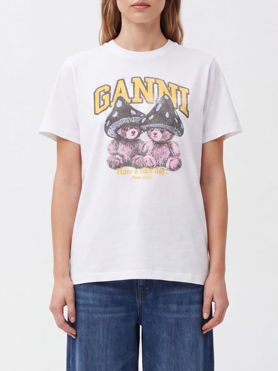Ganni Teddy Bear Print Organic Cotton T-shirt with Logo