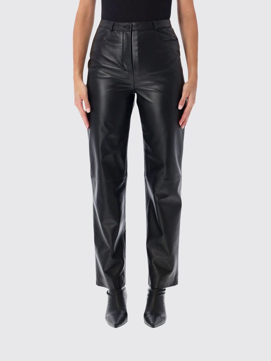 Loulou De Saison High-Waisted Straight Leg Trousers in Smooth Lambskin Leather · 38