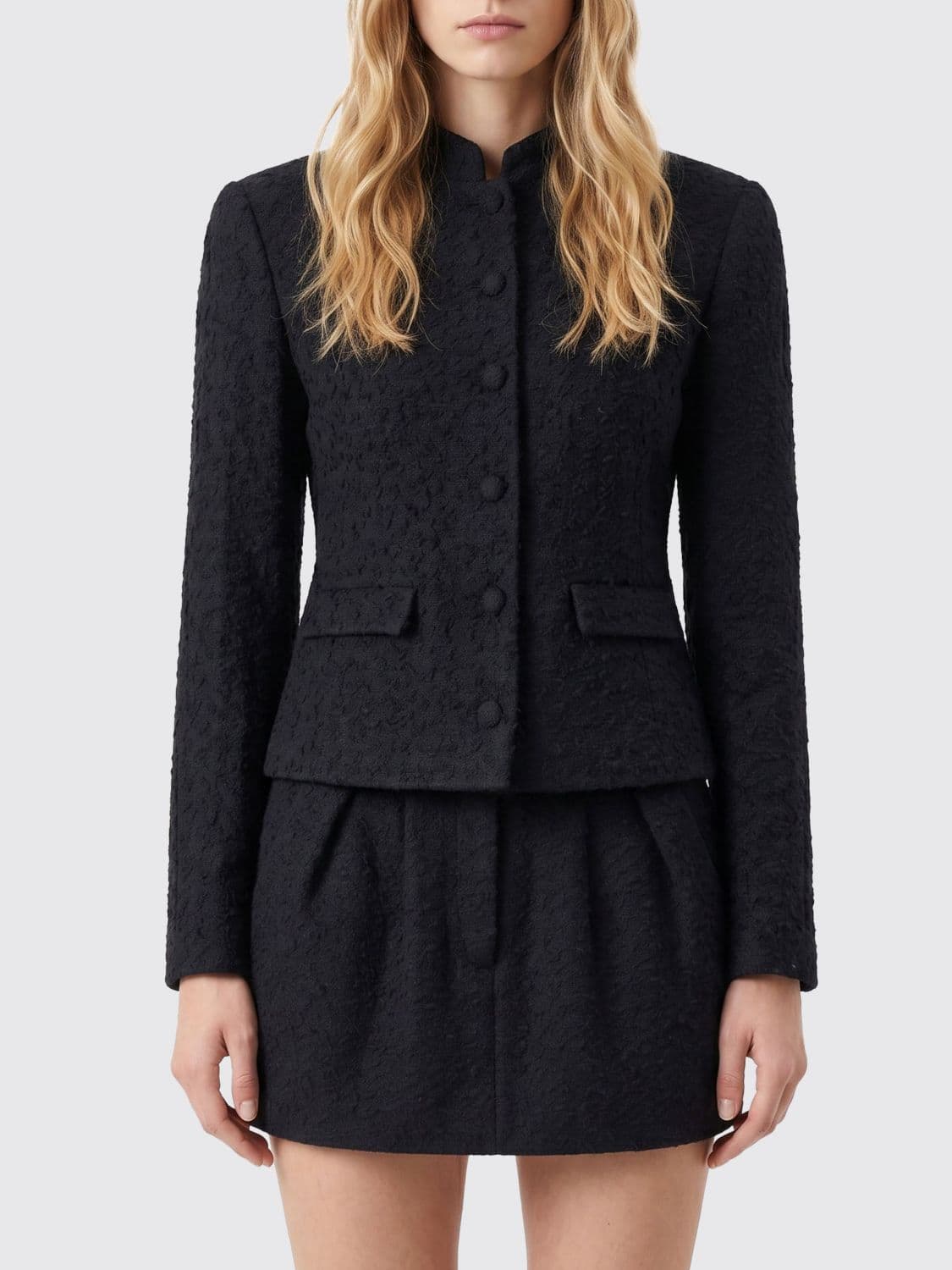 Magda Butrym Single-Breasted Short Blazer in Wool Bouclé with High Neck